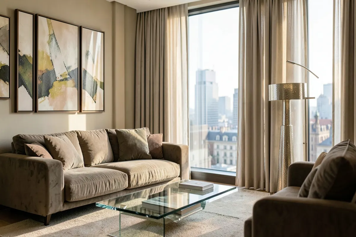 Sala de estar sofisticada com móveis de design, obras de arte e vista panorâmica da cidade