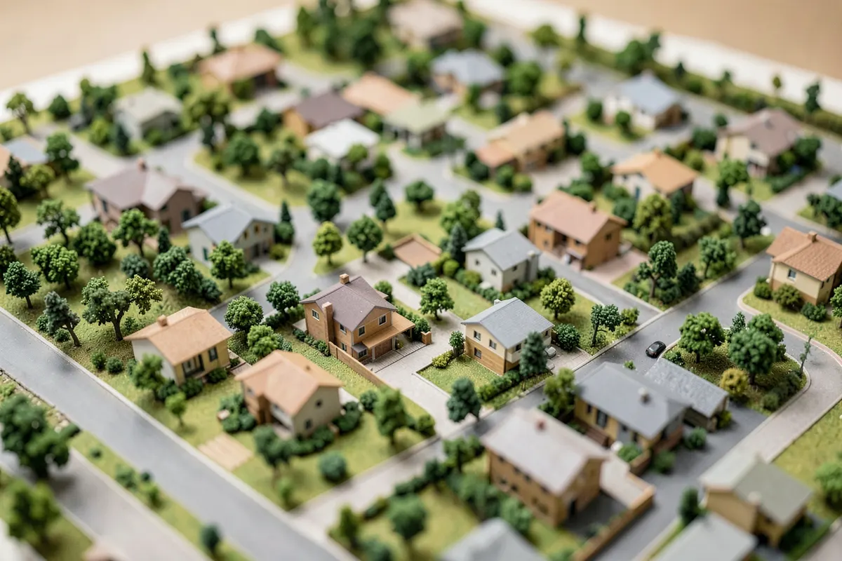 Maquete de casas em um bairro planejado com árvores e ruas