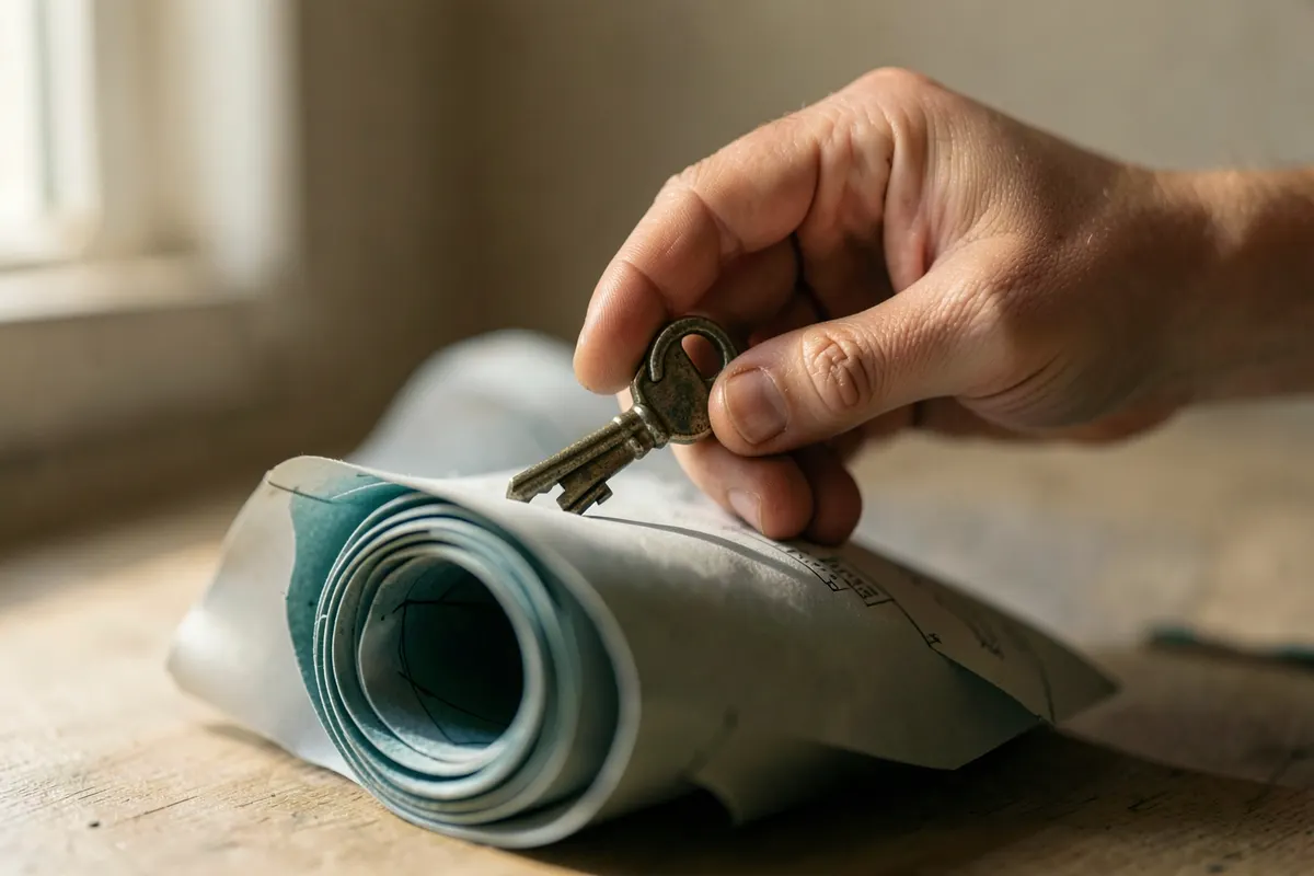 Mão colocando uma chave em cima de uma planta baixa de casa