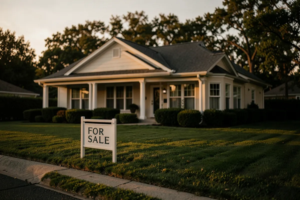 Uma casa com uma placa de "Vende-se" e um fundo de pôr do sol laranja