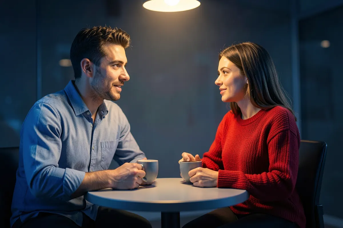 Duas pessoas conversando animadamente em um café com xícaras de café na mesa