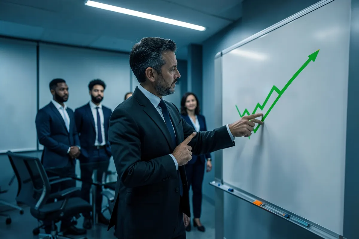 Homem apresentando um gráfico de crescimento em um quadro branco para uma equipe reunida