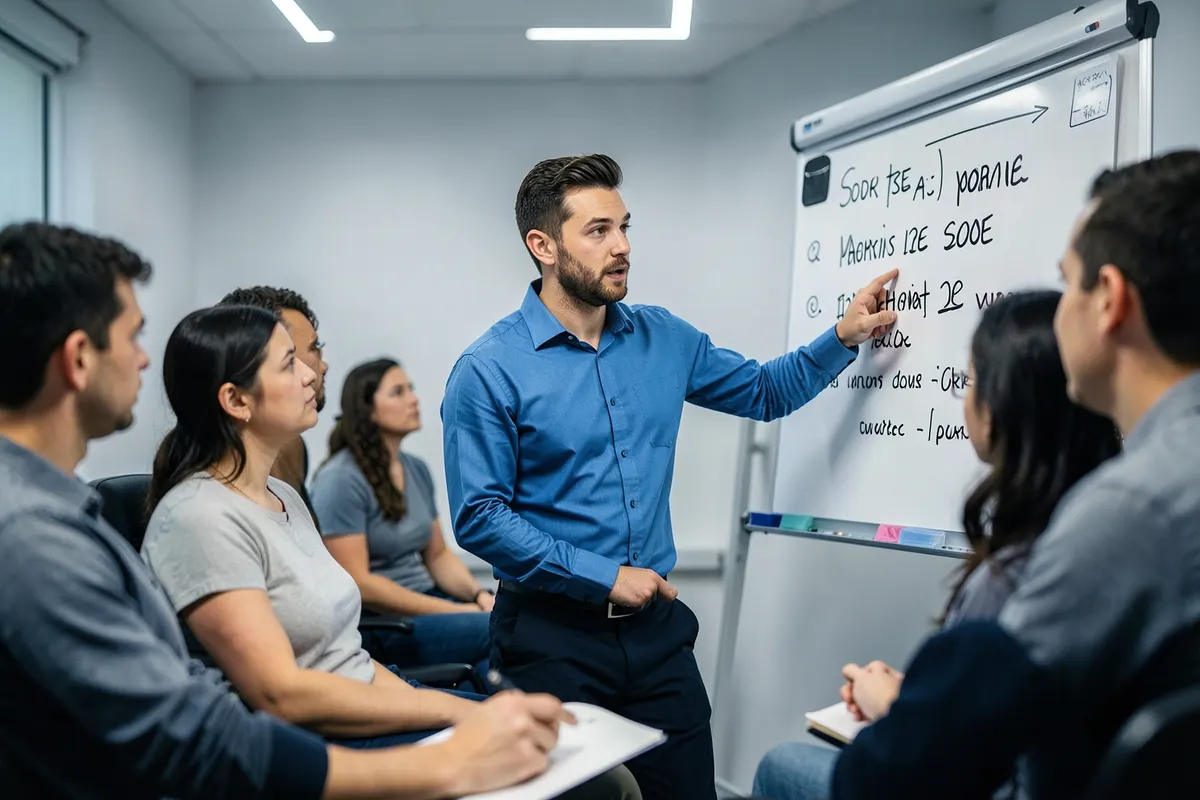 Treinador de vendas ensinando técnicas em um flip chart para uma equipe motivada