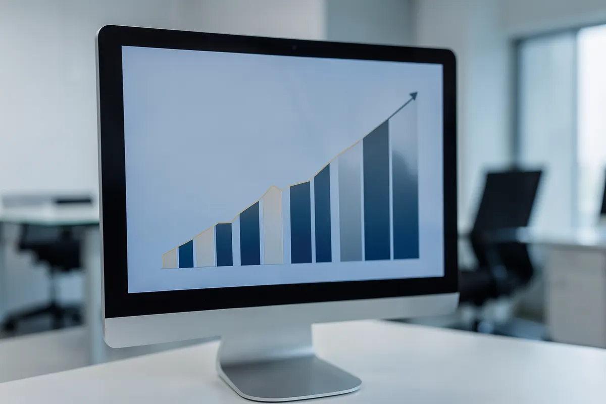Gráfico de barras mostrando crescimento em um monitor de computador em um escritório moderno