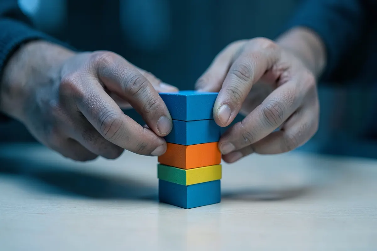 Uma pessoa montando um funil de vendas usando blocos de construção coloridos em uma mesa.