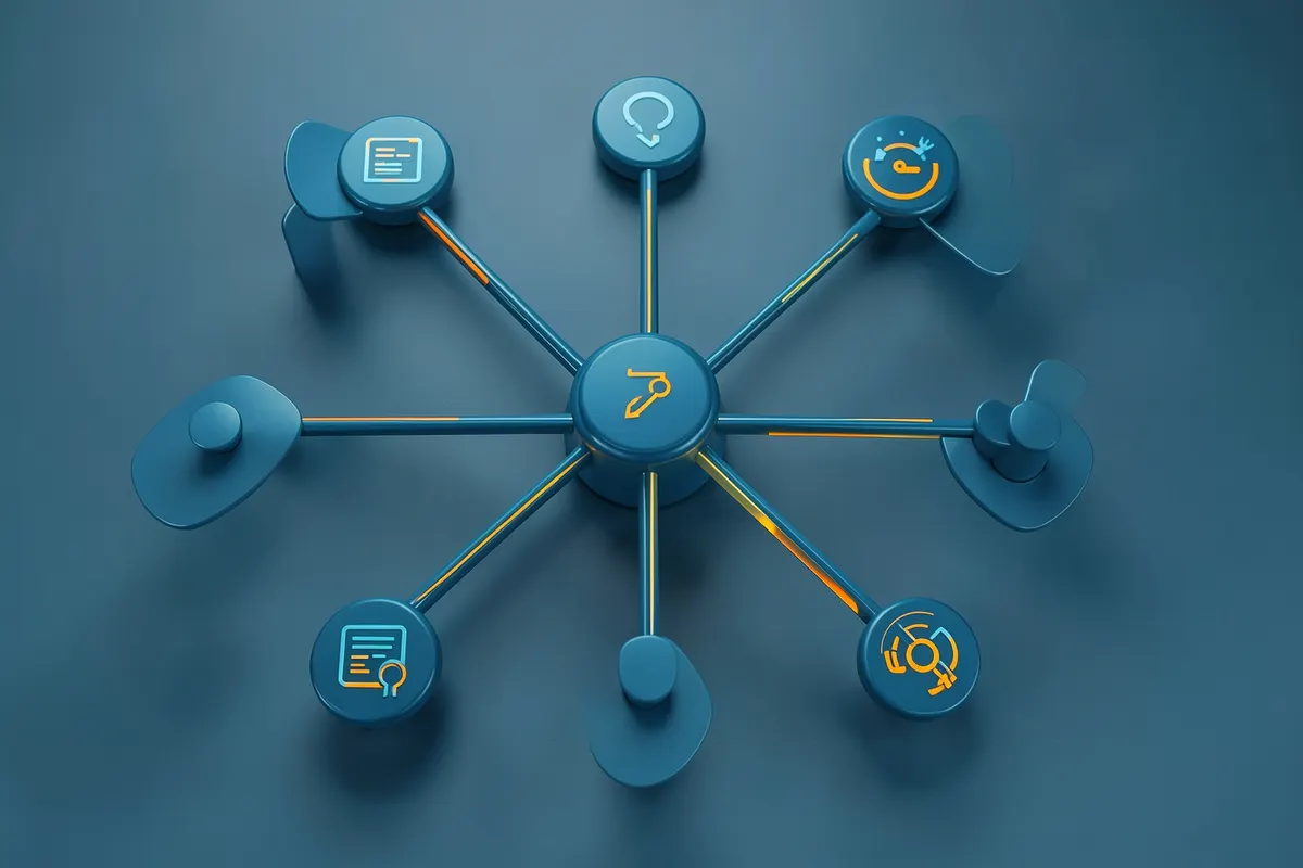Diagrama de pilares interconectados com ícones representando conteúdo, links e aspectos técnicos.