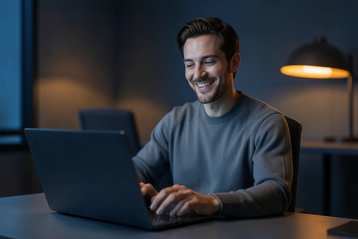 Pessoa sorrindo usando um laptop em um ambiente de trabalho confortável e moderno.