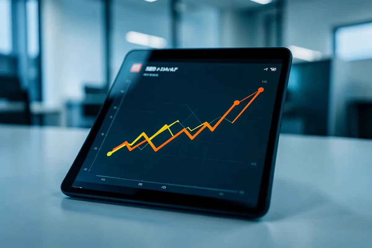 Gráfico de linha ascendente em um tablet, simbolizando o sucesso do SEO.