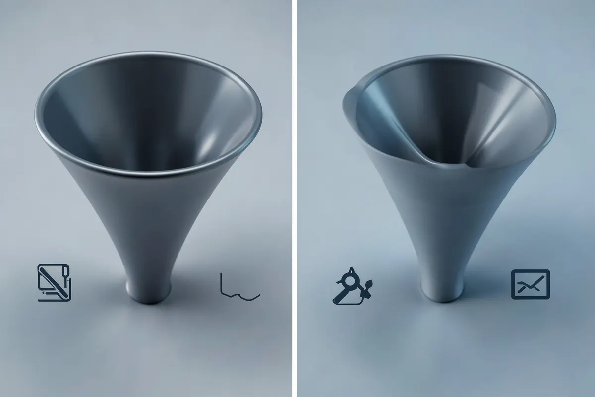 Comparação visual lado a lado de dois funis: um mais amplo e aberto (marketing) e outro mais estreito e focado (vendas), com ícones representando atividades de cada um.