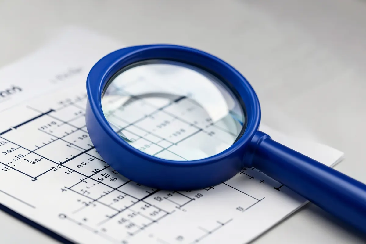 Lupa examinando uma tabela complexa em um documento, simbolizando a busca por informações.