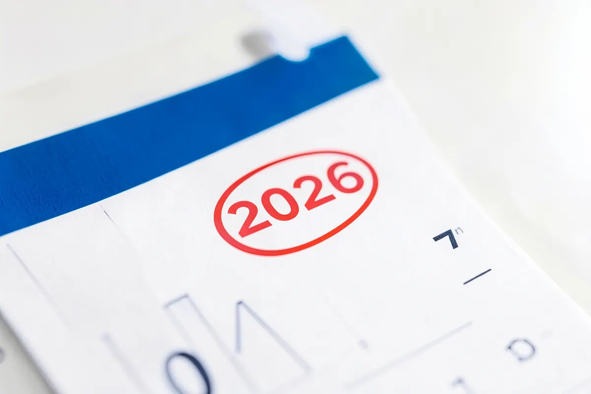 Calendário com o ano 2026 destacado e uma seta apontando para frente.