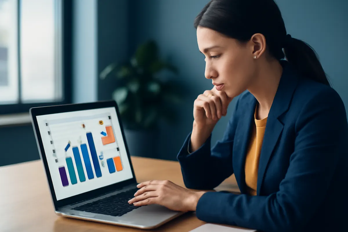 mulher trabalhando em e-commerce com gráficos de crescimento