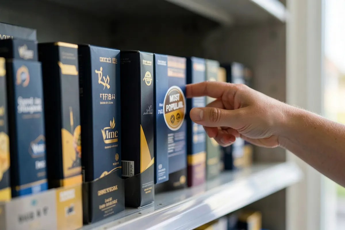 Uma pessoa escolhendo um produto em uma prateleira com várias opções, com um selo de "mais popular" em destaque.