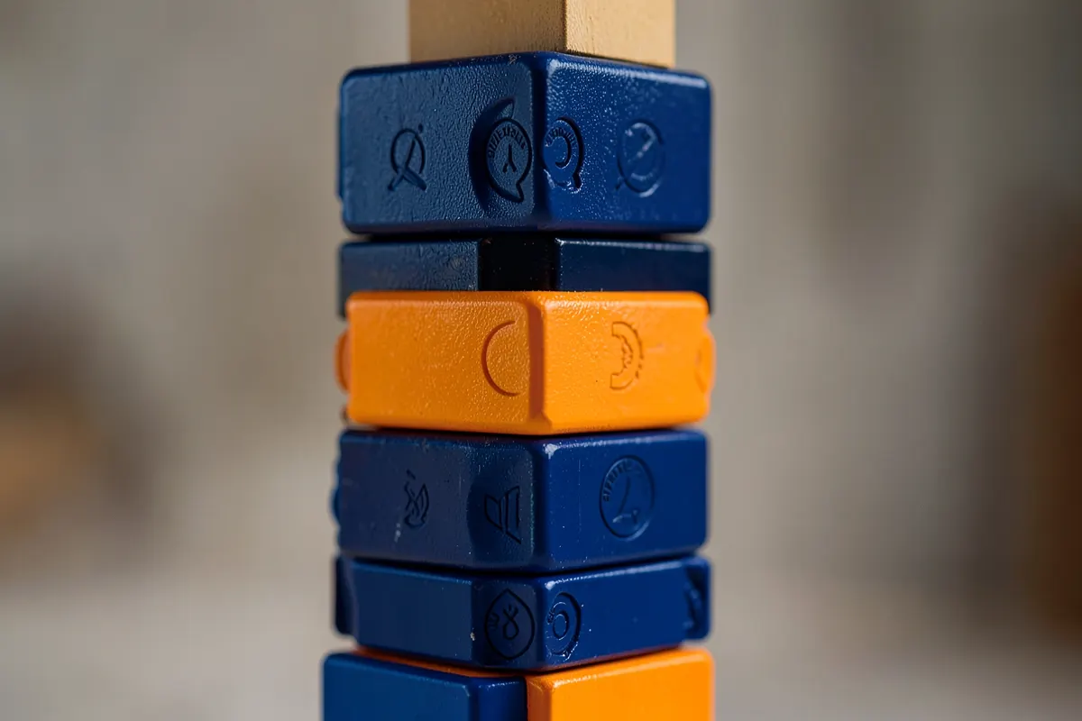 Uma pilha de blocos de construção formando uma torre alta, com selos de aprovação em cada bloco, representando a construção de credibilidade.
