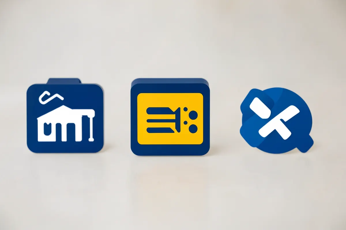 Comparação visual de ícones representando diferentes tipos de lojas online: marketplace, SaaS e código aberto.