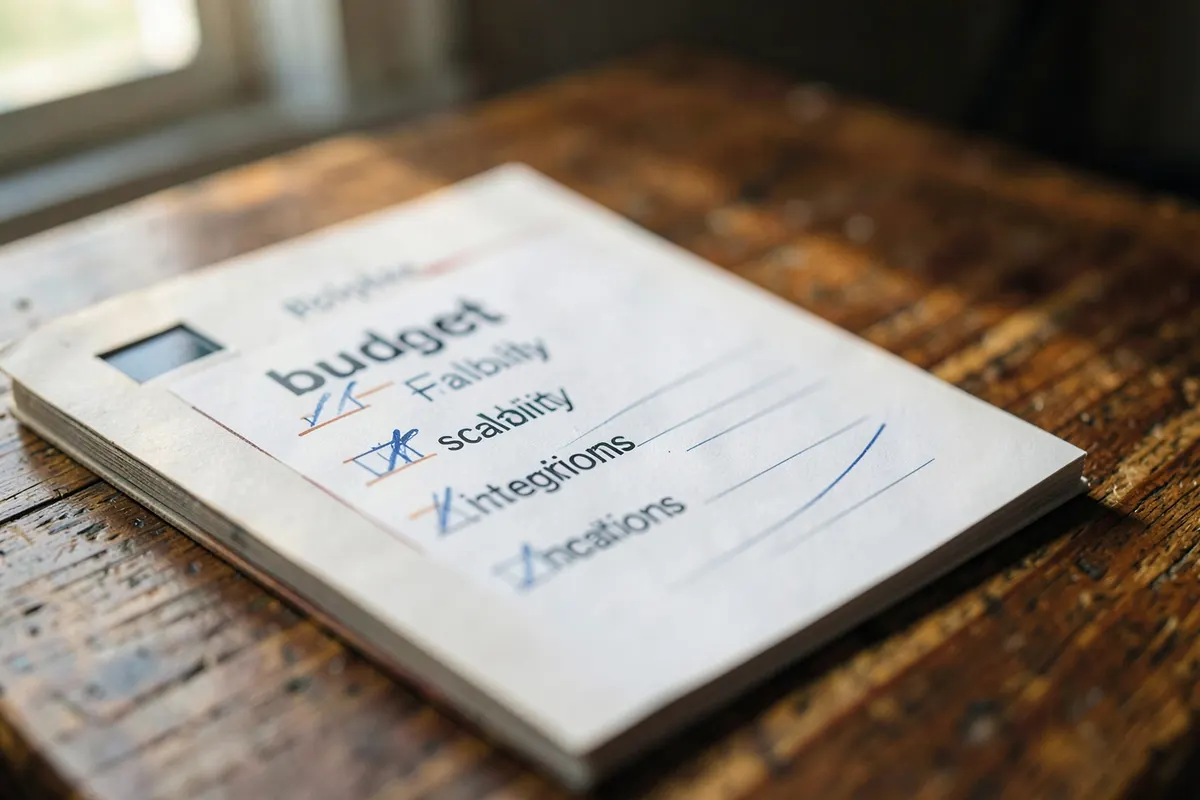 Checklist com itens como 'orçamento', 'escalabilidade' e 'integrações' sendo marcados.