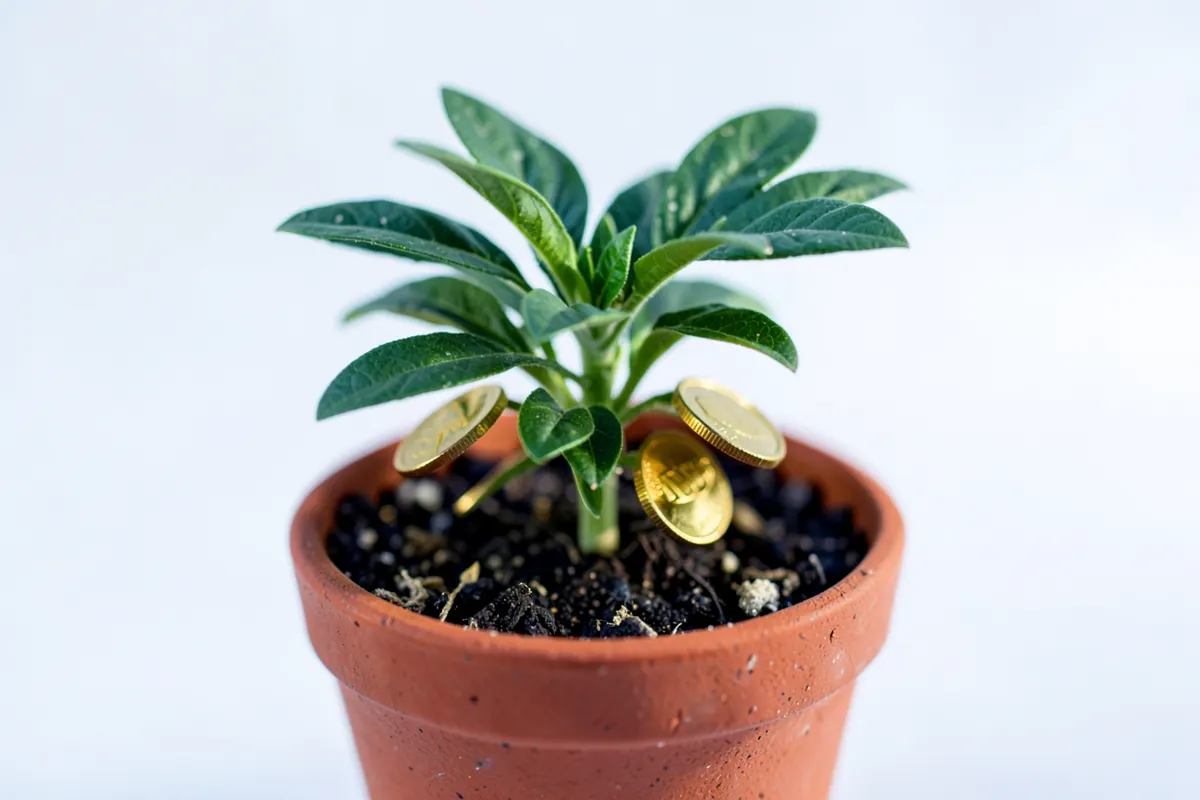 Um close-up de uma planta crescendo em um vaso, com moedas de ouro brotando de suas folhas.