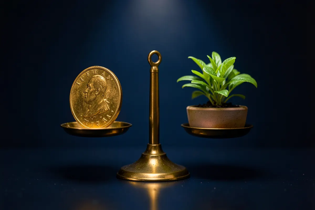 Uma balança com uma moeda de ouro de um lado e uma planta crescendo do outro, em equilíbrio.
