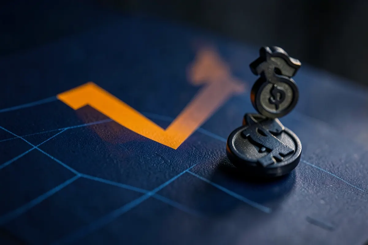 Um gráfico de barras decrescentes com um ícone de dinheiro caindo, simbolizando perda de investimento.