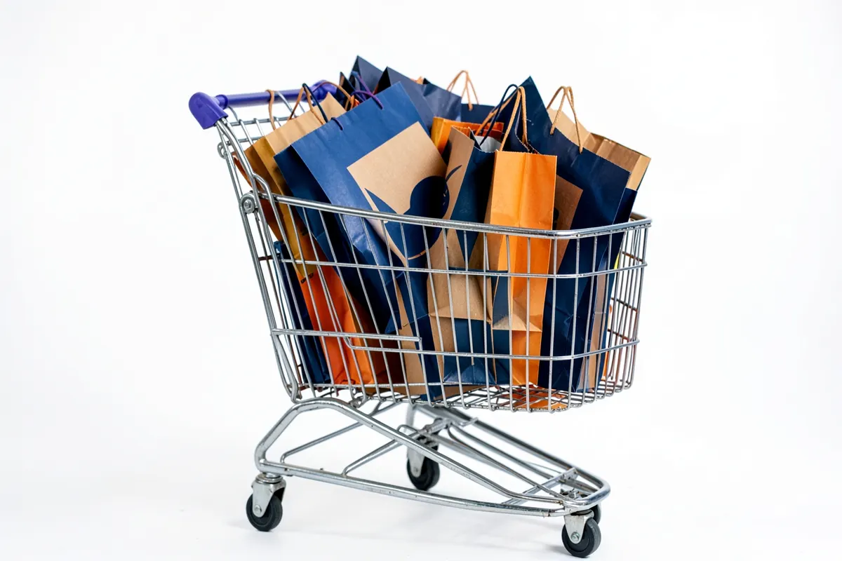 Um carrinho de compras de supermercado cheio de caixas de produtos e sacolas, em um fundo branco.