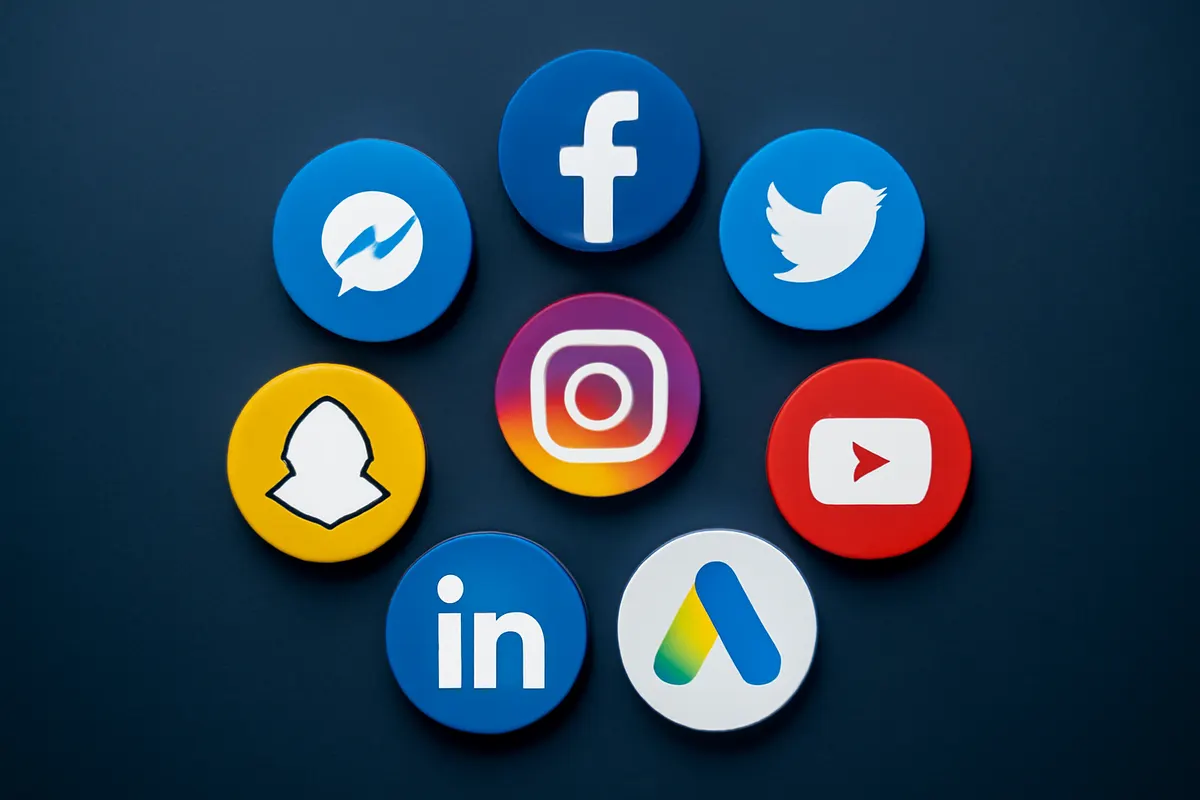 Um conjunto de ícones de plataformas de mídia social e anúncios digitais dispostos em um círculo.