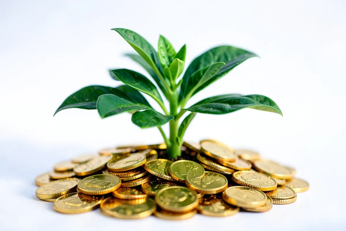 Uma planta crescendo a partir de um monte de moedas, com folhas verdes vibrantes.