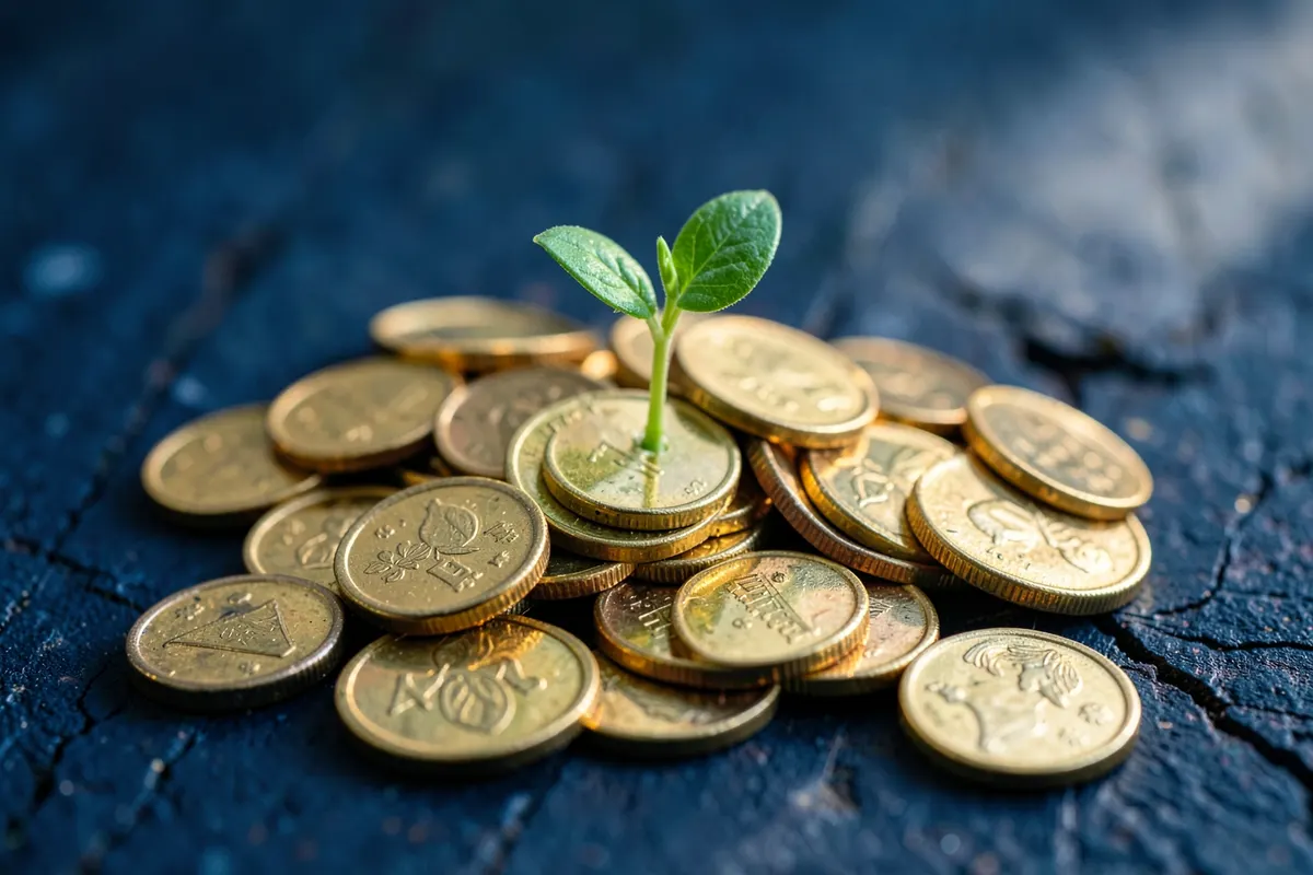 Uma planta crescendo a partir de um monte de moedas de ouro, simbolizando o crescimento e a qualificação de leads.