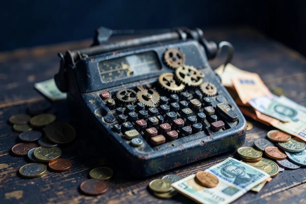 Calculadora antiga sobre uma mesa de madeira com moedas e notas de dinheiro espalhadas ao redor, em close-up.