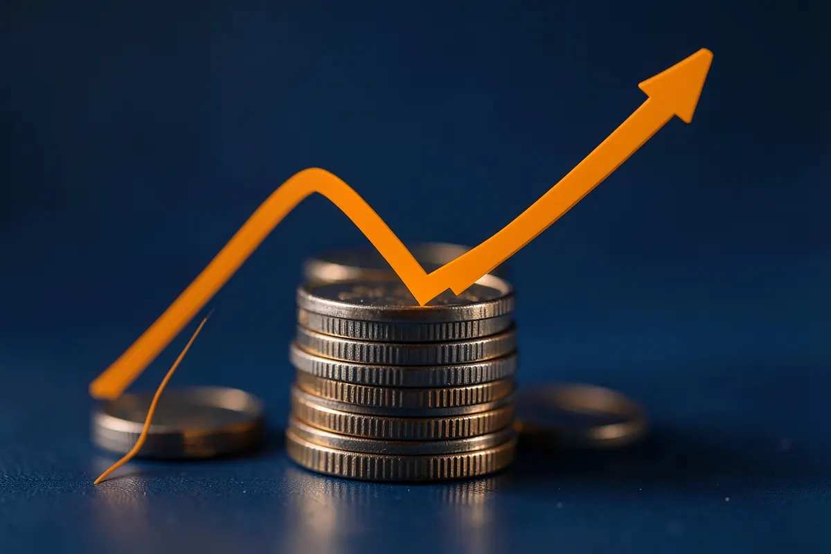 Gráfico de linha ascendente sobreposto a moedas empilhadas, simbolizando o aumento do lucro em relação ao custo, em plano médio.