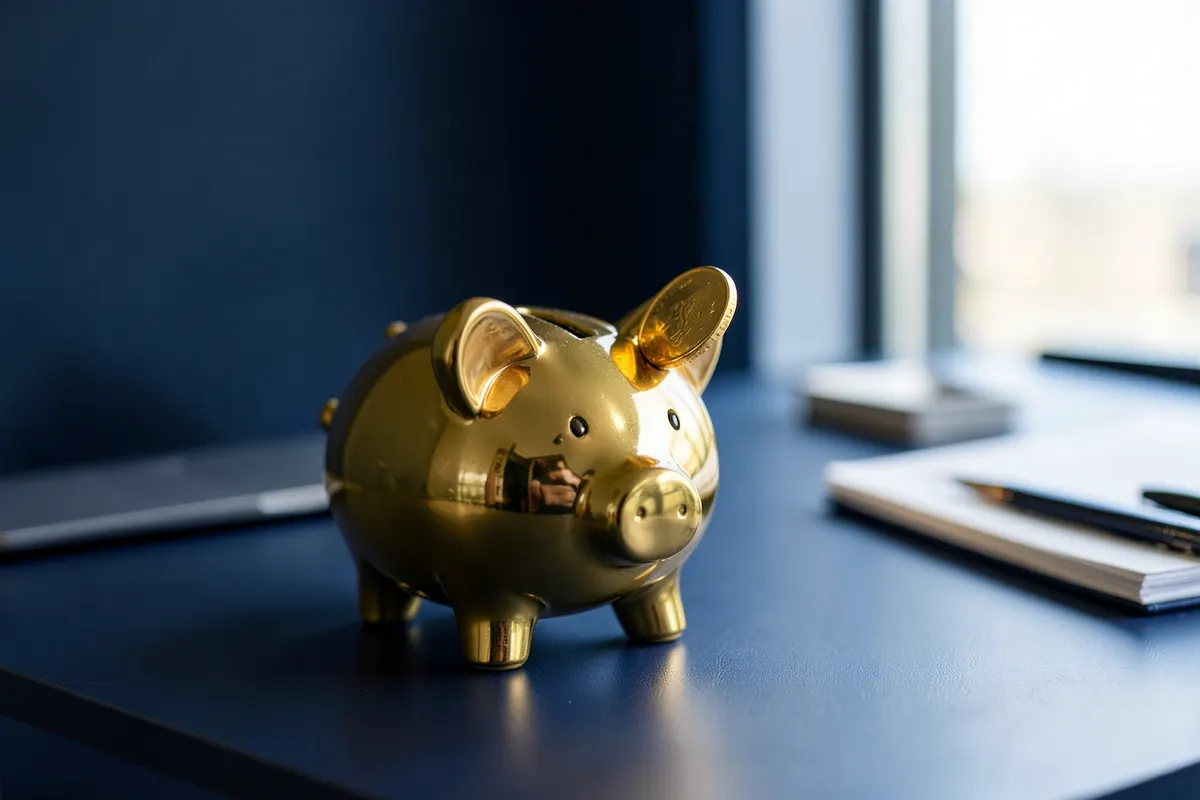 Um cofrinho em forma de porco sendo alimentado com moedas de ouro em um ambiente de escritório moderno, plano médio.
