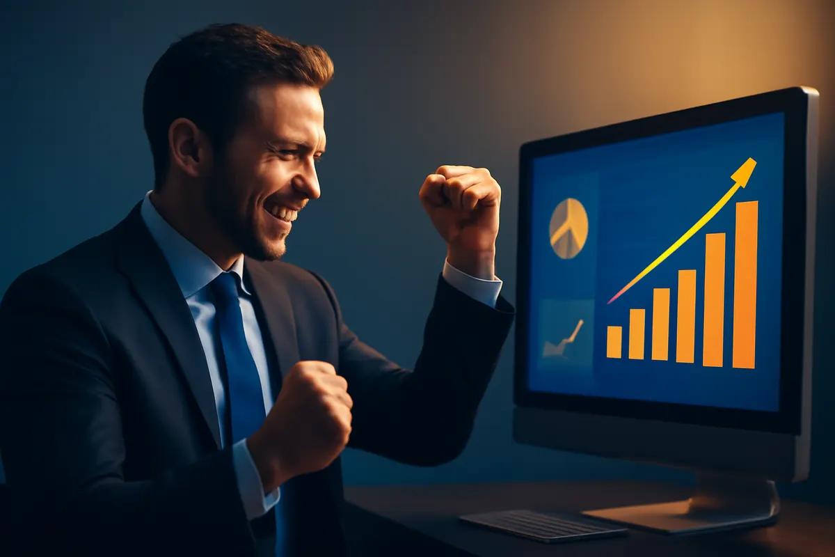 empresário celebrando sucesso com gráficos de crescimento em tela