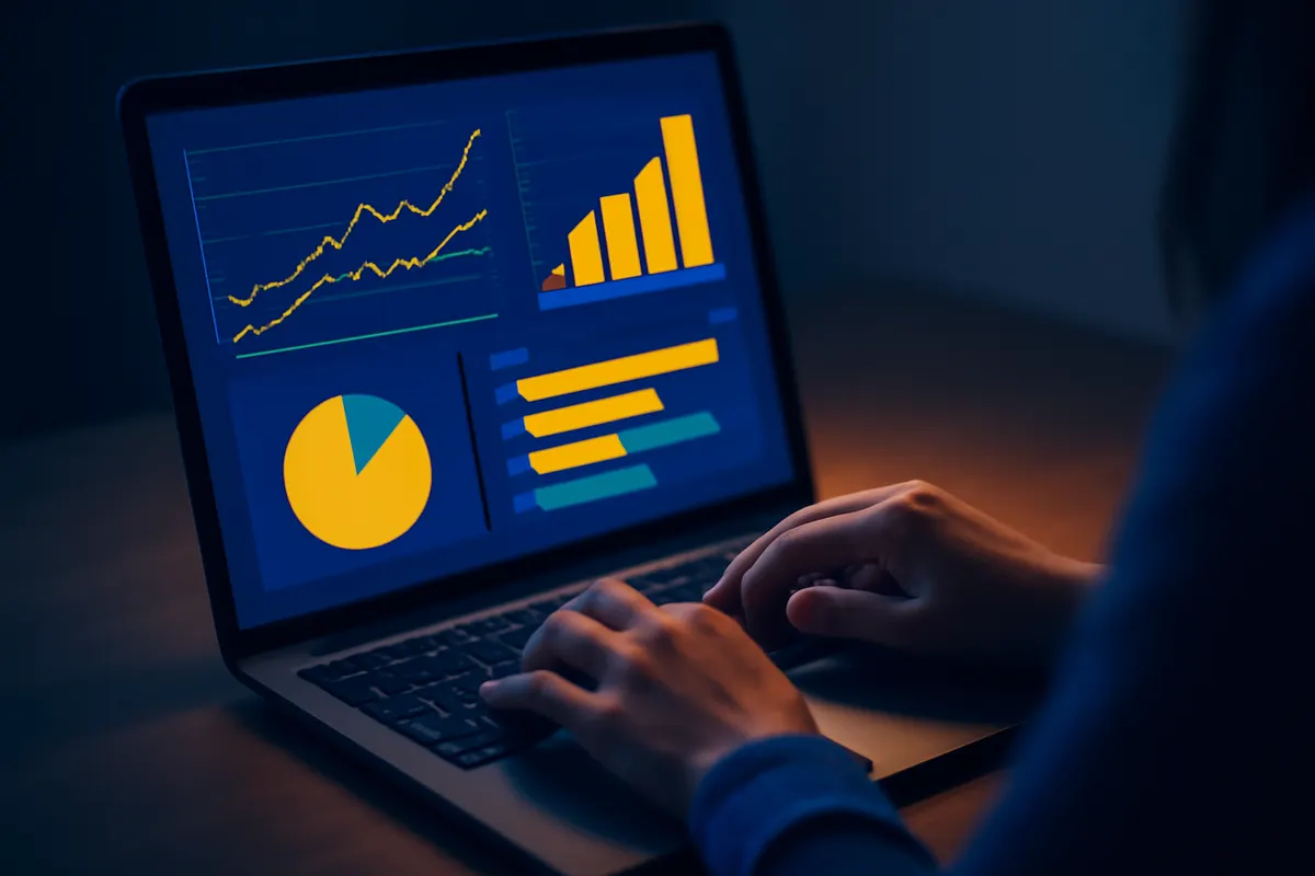 mulher analisando métricas de performance em um laptop, plano detalhe das mãos e tela, luz de monitor