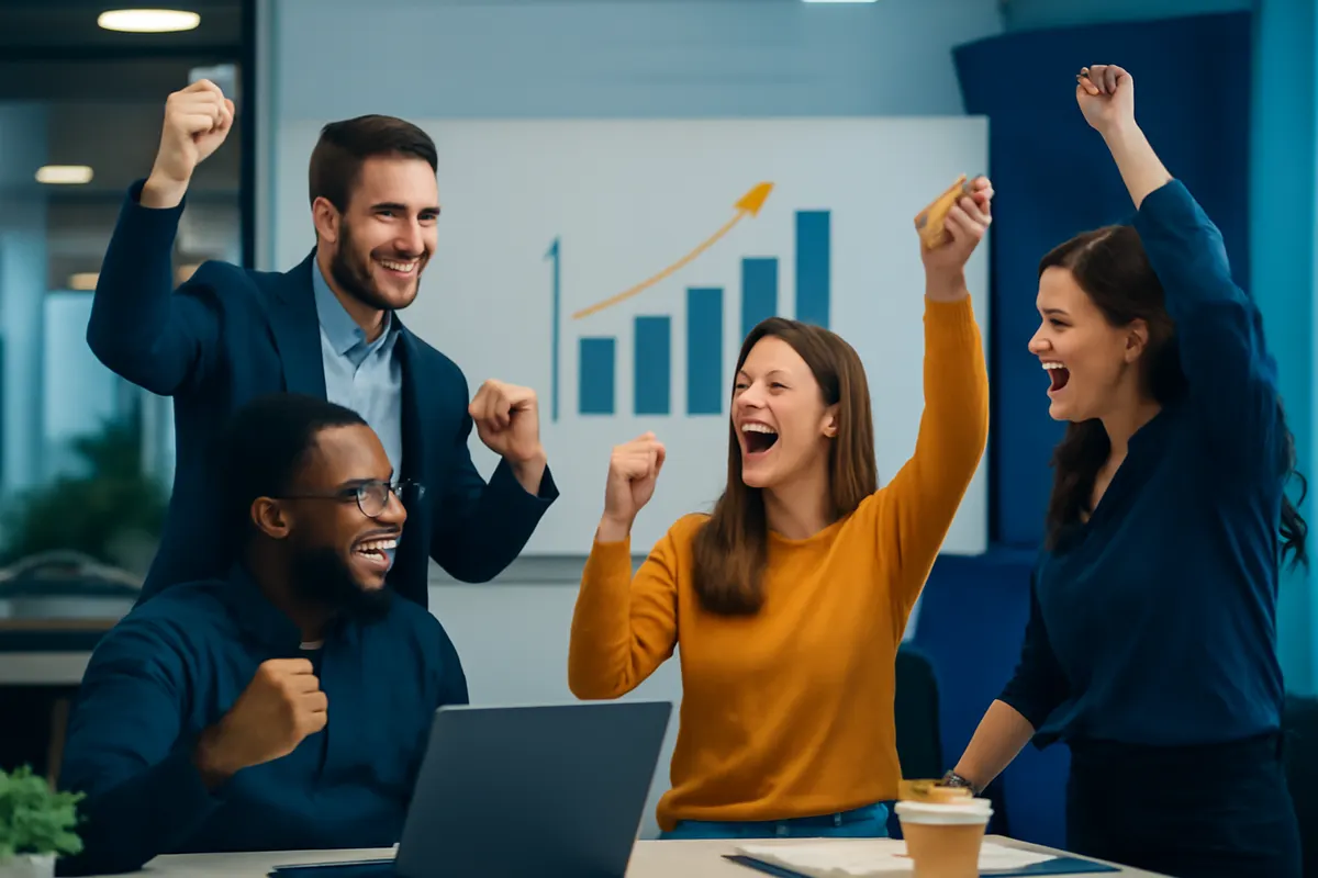 equipe celebrando sucesso com gráficos de crescimento, cena ampla, luz de escritório brilhante