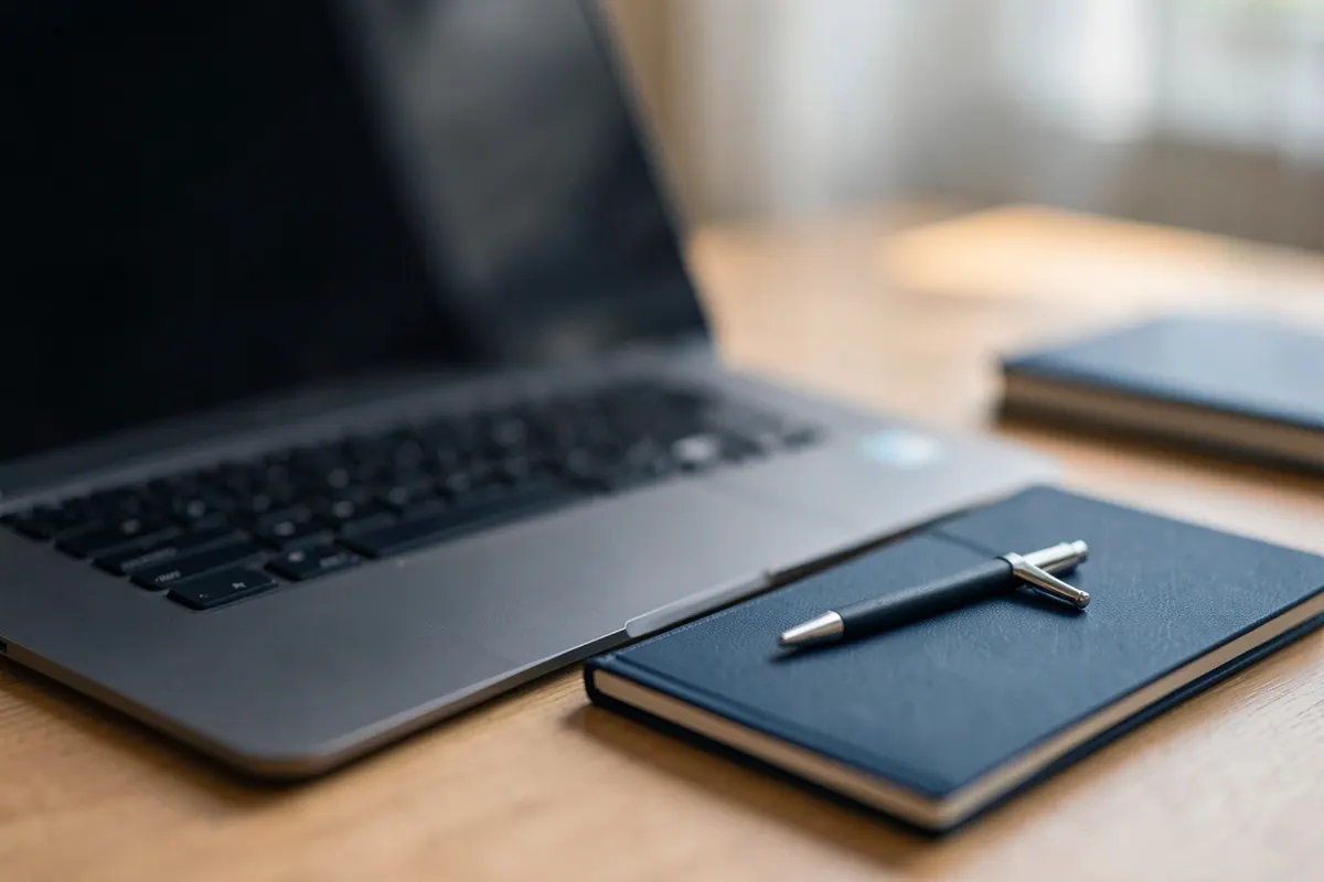 Um espaço de trabalho organizado com um laptop, um caderno fechado e uma caneta, simbolizando o planejamento para montar um e-commerce.