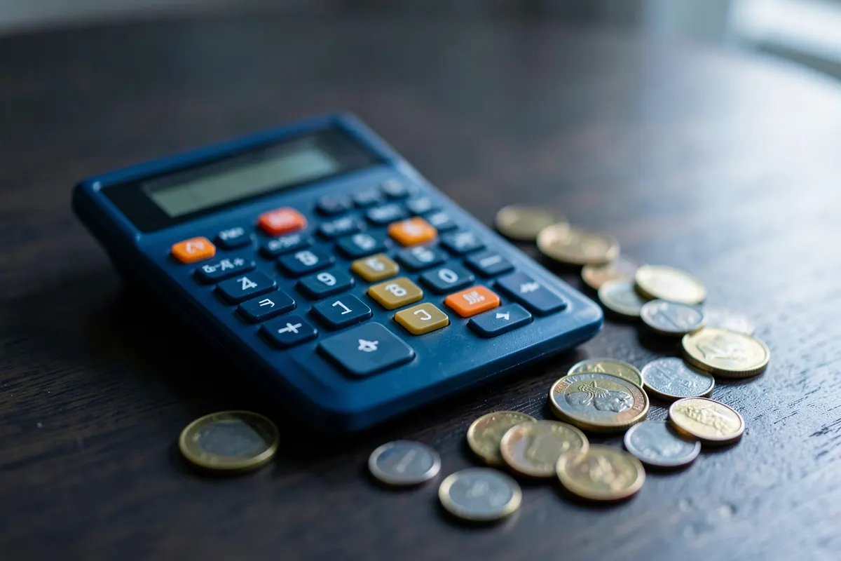 Uma calculadora e moedas de dinheiro sobre uma mesa de madeira escura.