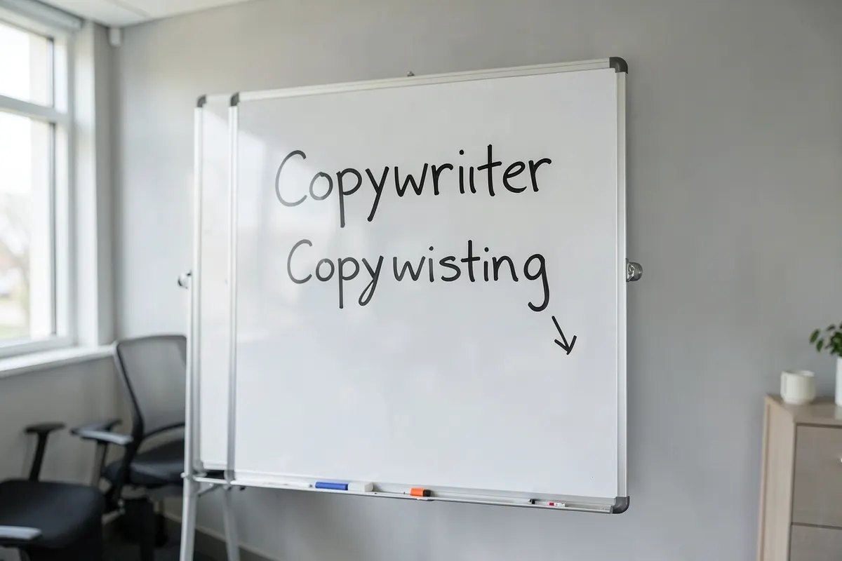 Um quadro branco com as palavras 'Copywriter' e 'Copywriting' escritas, com setas indicando a diferença.