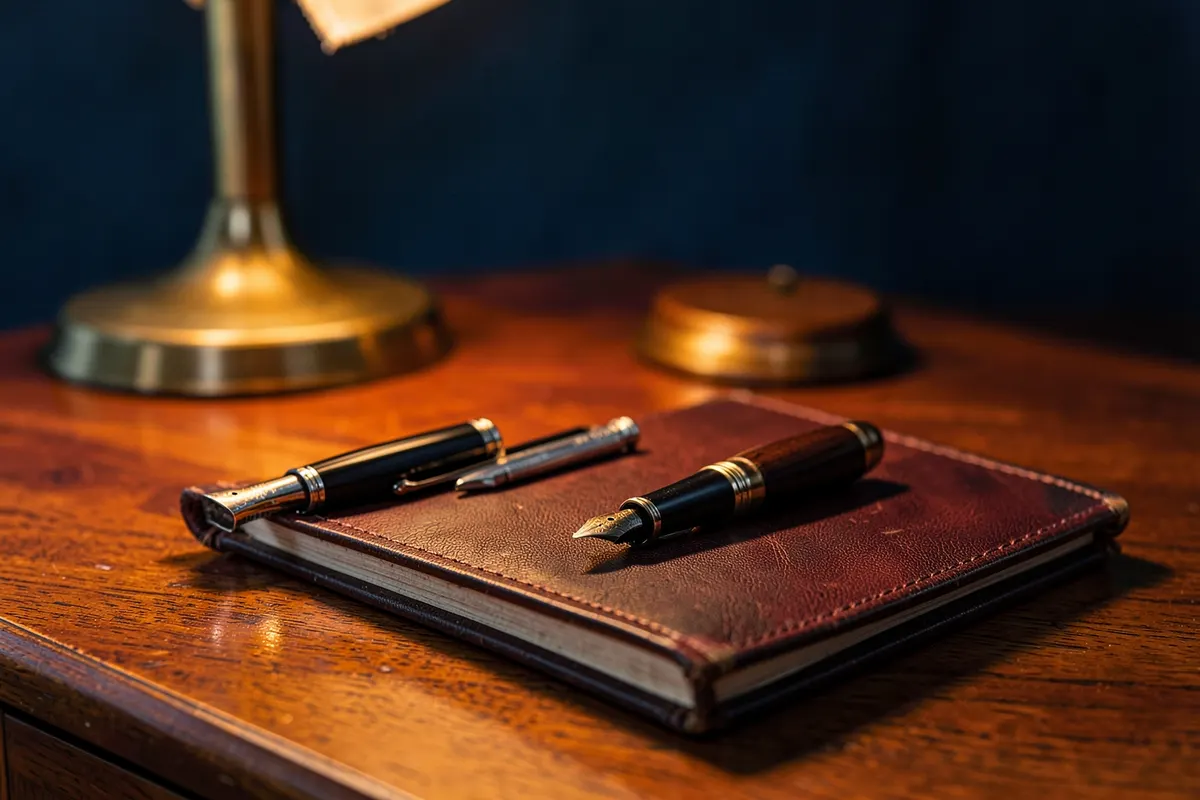 Um conjunto de ferramentas de escrita, como canetas e um caderno.