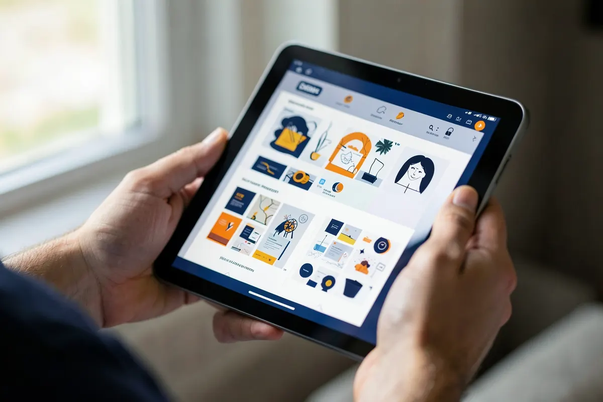 Uma pessoa analisando um portfólio em um tablet.