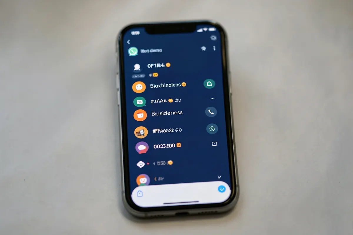 Ilustração de um smartphone exibindo a interface do WhatsApp Business com ícones de chat e ferramentas de negócios.