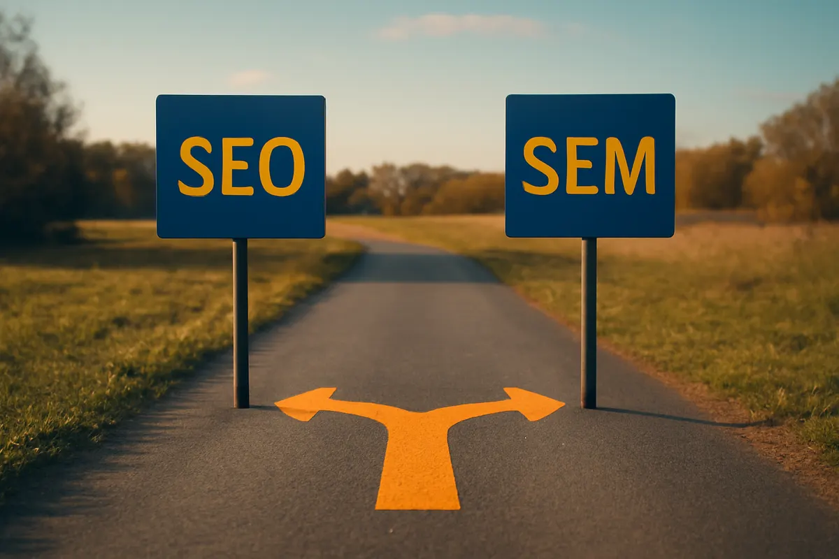 Diferença entre SEO e SEM com setas indicativas
