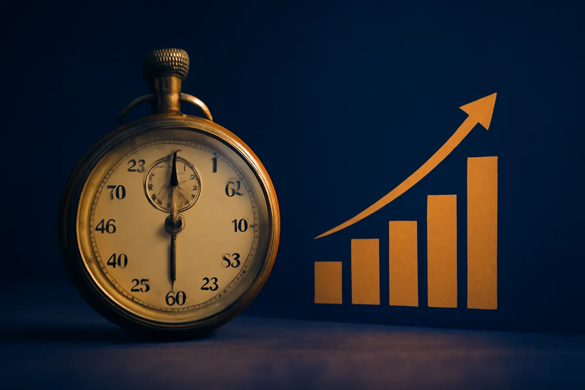 Tempo para resultados de SEO com um cronômetro e gráfico de crescimento