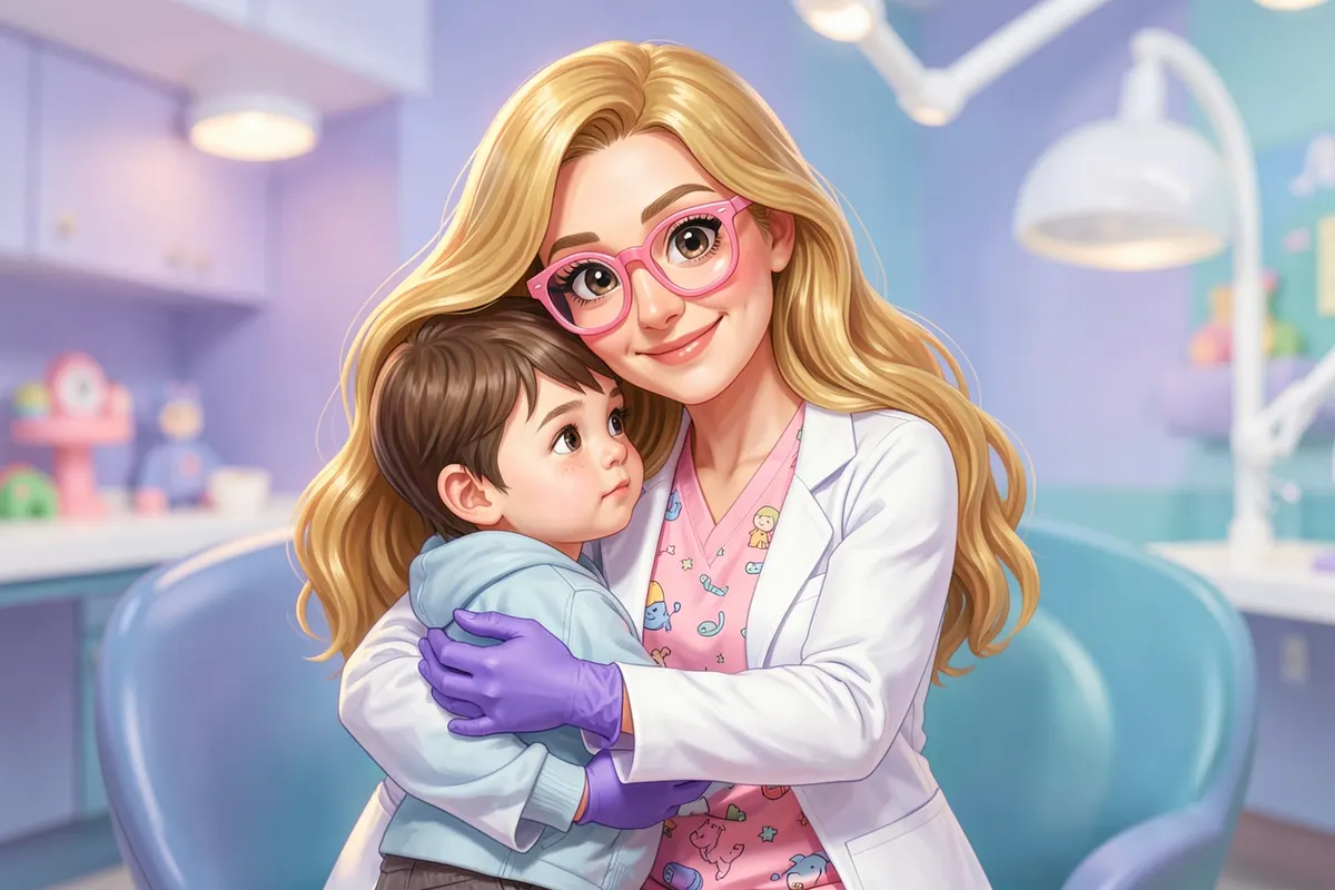 Cirurgiã-dentista pediátrica com cabelo loiro ondulado e óculos cor-de-rosa, abraçando gentilmente uma criança autista em um consultório odontológico infantil.