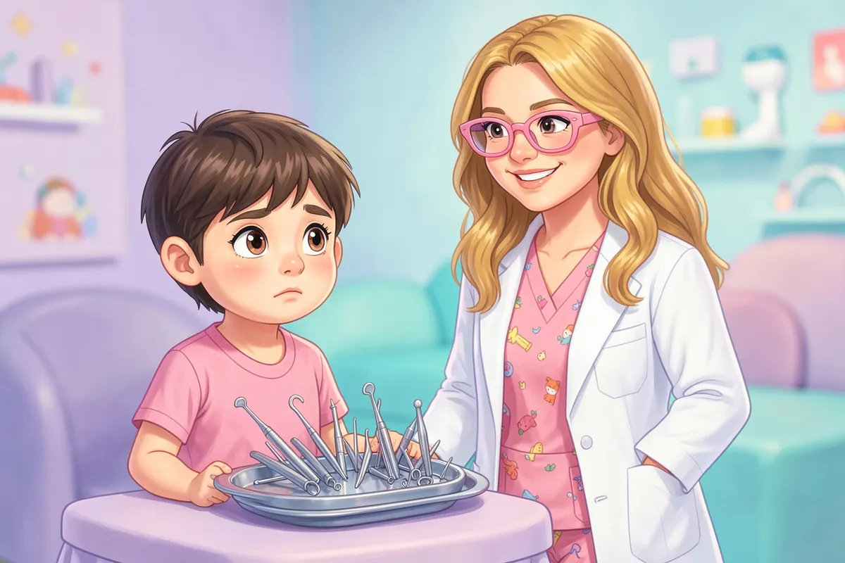 Criança autista olhando com apreensão para instrumentos odontológicos em uma bandeja em um consultório infantil, com a cirurgiã-dentista ao fundo.