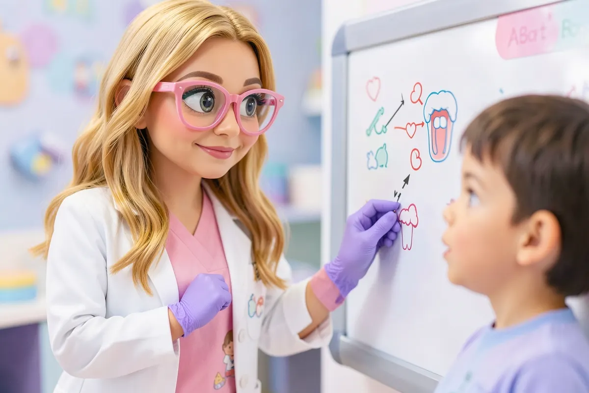 Cirurgiã-dentista pediátrica usando um quadro branco para explicar um procedimento a uma criança autista, com símbolos visuais. A dentista tem cabelo loiro ondulado e óculos cor-de-rosa.