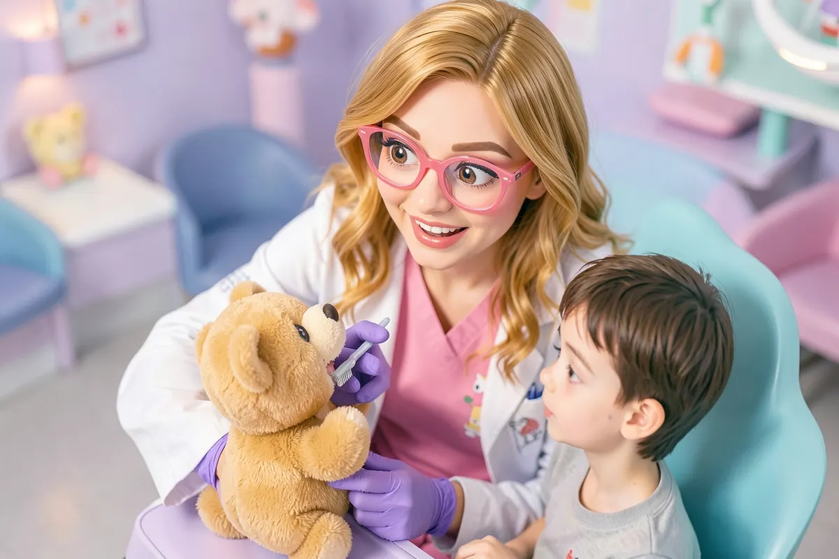 Cirurgiã-dentista pediátrica com cabelo loiro ondulado e óculos cor-de-rosa, escovando gentilmente os dentes de um ursinho de pelúcia para demonstrar o procedimento a uma criança autista.