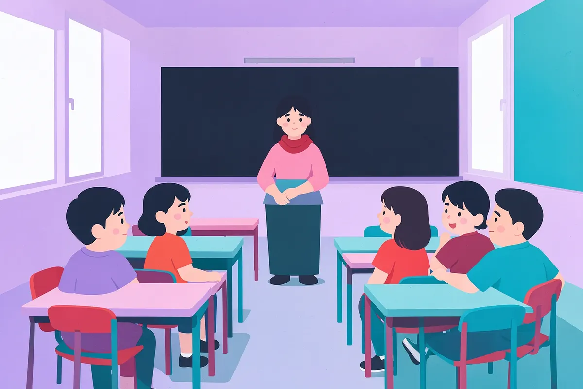 Crianças pequenas em uma sala de aula, sentadas em círculo, ouvindo atentamente um adulto que aponta para um pôster sobre higiene bucal.
