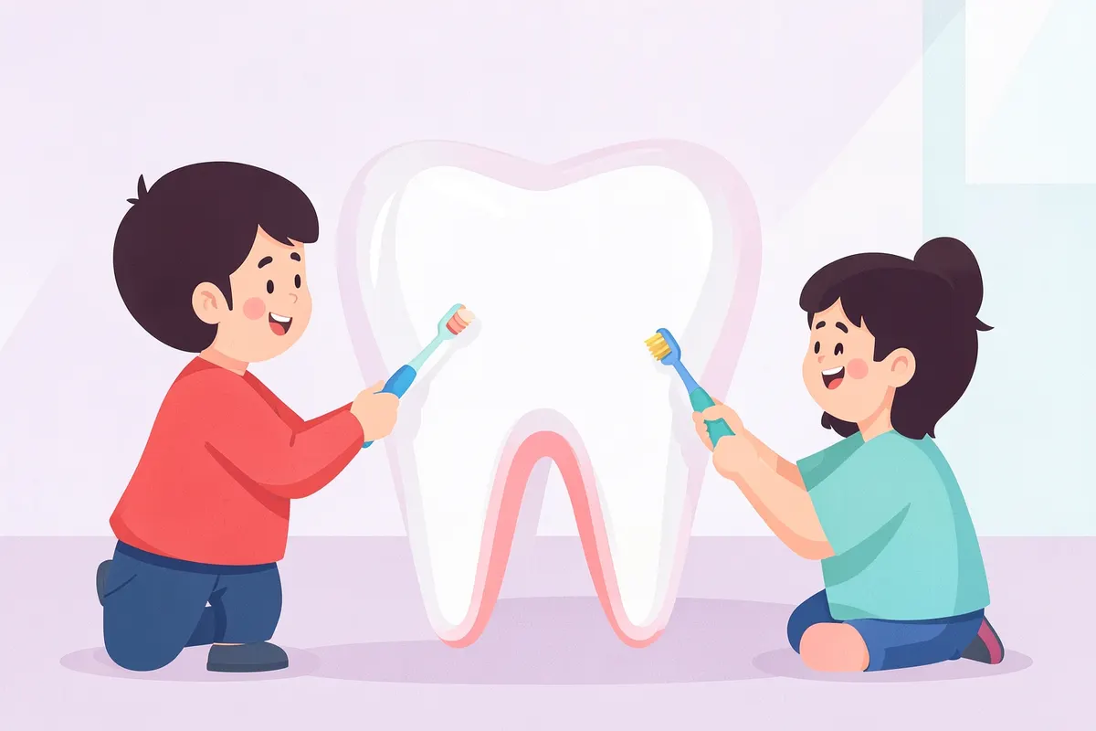 Crianças brincando com um modelo de dente gigante, usando escovas de dente de brinquedo para simular a escovação.