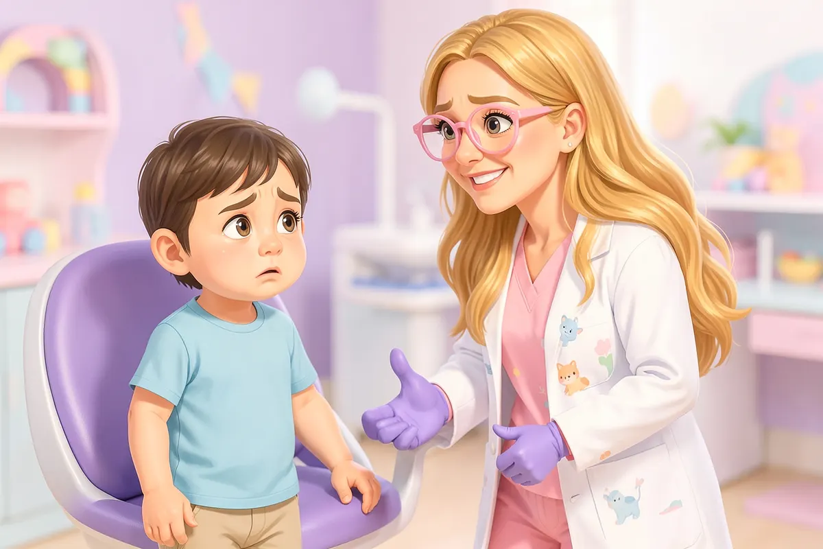 Criança pequena com expressão preocupada olhando para a cadeira de dentista, enquanto uma dentista gentil se aproxima com um sorriso.