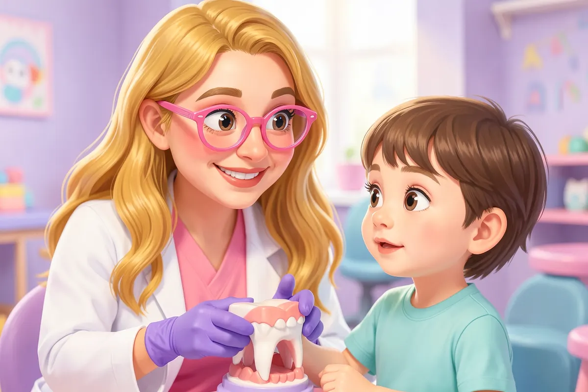 Dentista pediátrica com cabelo loiro ondulado e óculos cor-de-rosa, explicando algo em um modelo de dente para uma criança curiosa.