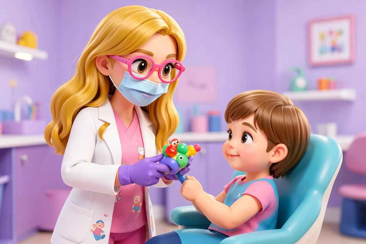 Dentista pediátrica com cabelo loiro ondulado e óculos cor-de-rosa, usando um brinquedo para distrair uma criança durante um exame dental.